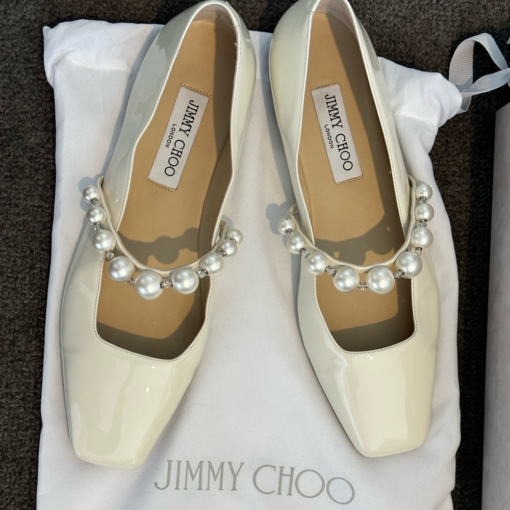 Jimmy Choo Ade Pearl Embellished Patent Leather Bridal Flats - women’s size 39